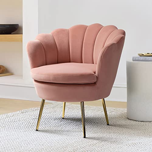FABRICATION HAUS Velvet Armchair Comfy Accent Chair with Seashell Back and Metal Leg Tub Chair for Living Room Bedroom, Pink