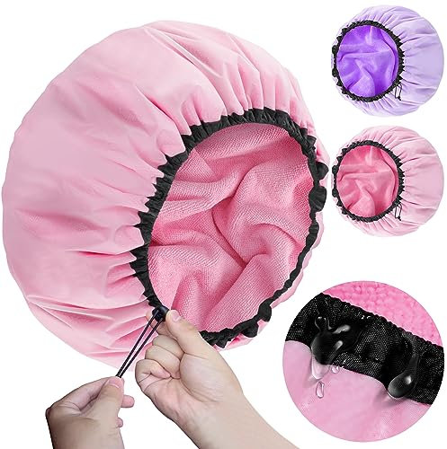 Sheomern 16.5Jumbo Adjustable Terry Cloth Lined Shower Caps for Long Hair & Braids, Extra Large Dual Waterproof Hair Cap for Women & Men, Reusable XXL for Dreadlocks, Locs (2 Pcs)