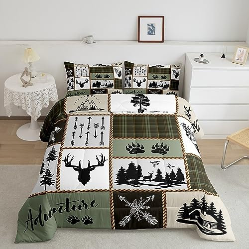 Rustikales Bauernhaus-Kinder-Bettwäsche-Set für Doppelbett, Hirschgeweih, Bärentatzen, Plaids, Patchwork-Bettwäsche-Set für Jungen, Mädchen, Erwachsene, Raumdekoration, Kiefernbäume, Pfeile nach