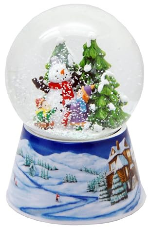 Schneekugel Weihnachten mit Musik | 2 Kinder Bauen Schneemann | Sockel nostalgische Schneelandschaft | H: 14cm B: 10 cm | Weihnachten Winter mit Spieluhr | 20154