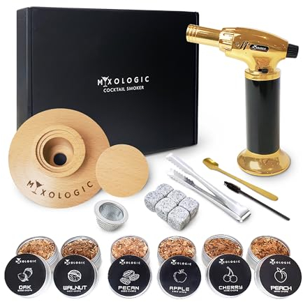 MIXOLOGIC Cocktail Smoker Kit with Torch, 6 Wood Chips, Whiskey Stones & Accessories, Old Fashioned Whisky Smoking Set, Drinks Infuser, Mens Gifts for Boyfriends Dad Husband (No Butane)