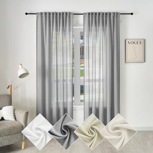 WOLTU Gardine, Schiebegardine mit Kräuselband, Vorhänge Leinenoptik, Leinenvorhang Halbtransparent Voile, Fenstergardine Modern, für Wohnzimmer Schlafzimmer, 135 x 225 cm, Grau