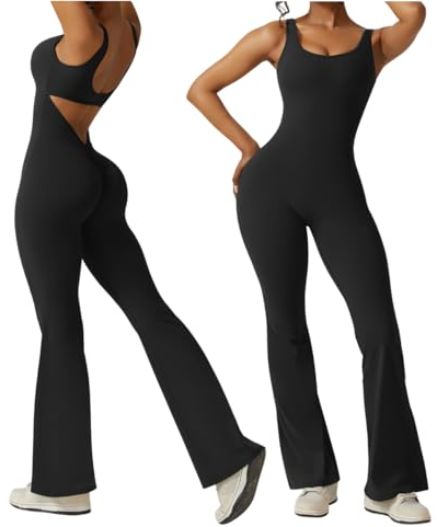 Menore Women's Jumpsuit Sleeveless Flare Jumpsuits Backless Tank Tops Bodycon Scrunch Butt Yoga Rompers V Back Sexy Playsuits Gym Workout One Piece