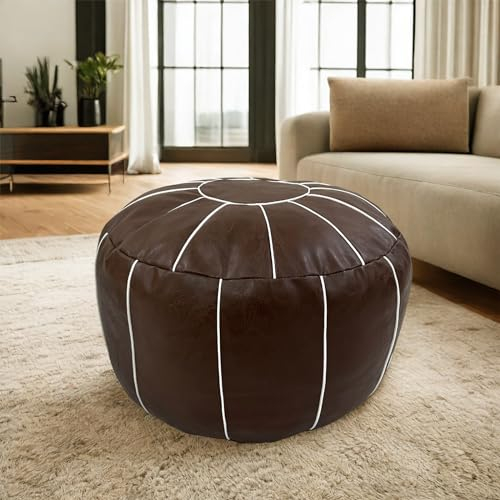 Louis Donné Ungefüllter handgefertigter marokkanischer runder Ottoman-Pouffe-Bezug Fußhocker Sitz Kunstleder Aufbewahrung Bodenstuhl Fußstütze für Wohnzimmer, Schlafzimmer oder Balkon (braun)