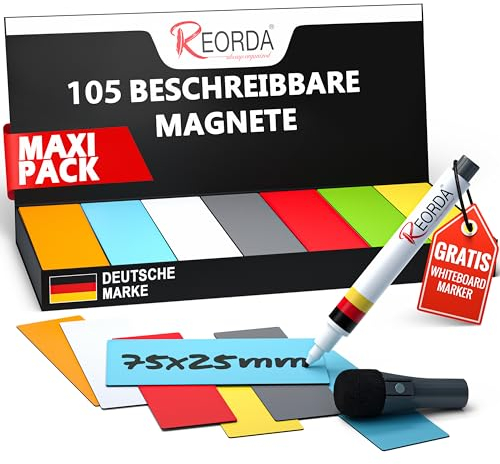 Reorda® Magnetstreifen beschreibbar – 105 Stück – 75x25mm (+ Stift) | Wiederbeschreibbar, beschreibbare Magnete für Whiteboard, Kanban, Magnettafel - beschriftbare Magnete für den Kühlschrank