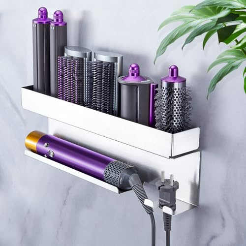 GGQ Föhnhalter Wand Ohne Bohren, Edelstahl Föhn und Glätteisen Halterung, Föhnhalter Wandhalterung, Fönhalterung für 7 In 1 Styler Lockenstab Zubehör, Aufbewahrung Haartrockner und Glätteise für Bad