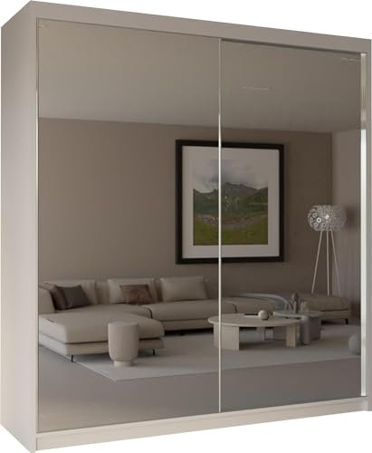 MN Furniture Full Mirror Sliding Door Wardrobe Available in White, Black Color with 150cm, 200cm (White, 200cm)