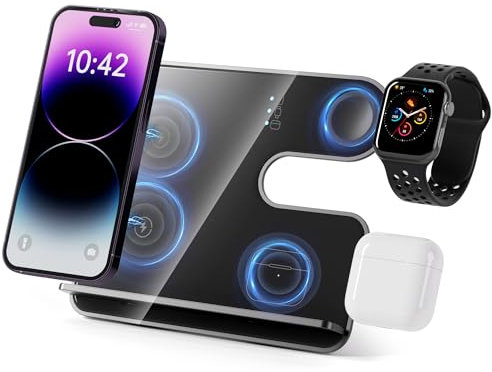 Cargador Inalámbrico 3 en 1, Wireless Charger, Soporte de Carga Rápida para iPhone 16 15 14 13 12 11 Pro MAX Plus Mini/XS/8, Estación de Carga Inalámbrica