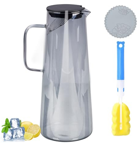 Hengsong Wasserkaraffe 1.8 Liter,Glaskaraffe mit Deckel,Wasserkrug Glas mit Auslauf,karaffe mit Untersetzer&Bürste,Glaskrug für Getränke der Meisten Arten,Anthrazitgrau,Höhe 270mm