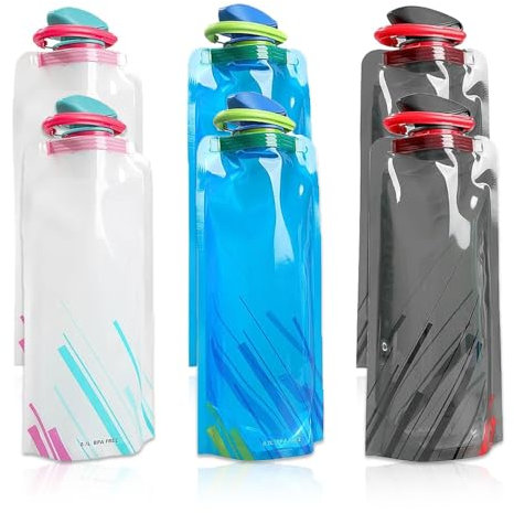 WZHHDM Foldable Water Bottle, 6 Pcs Collapsible Water Bag with Carabiner Clip, 700 ml Portable Outdoor Drinking Bag for Gym Travel Hiking Running