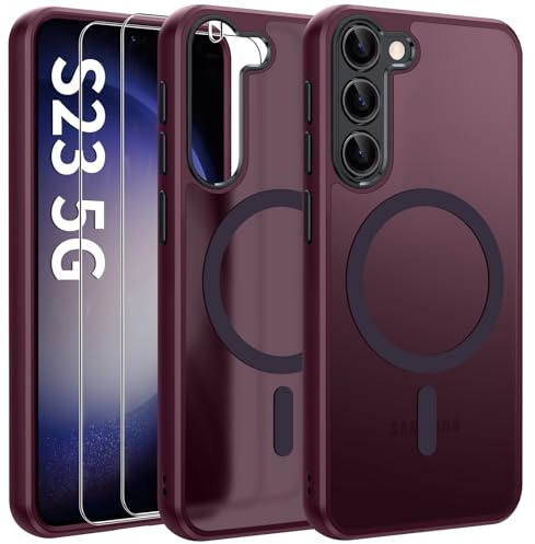 Opkiegrn Magnetisch für Samsung Galaxy S23 5G Hülle, Pflaumenrot | 2x Schutzfolie, Kompatibel mit MagSafe, Vollständiger Kameraschutz, Stoßfest Dünn Durchscheinende Matt SchutzHülle