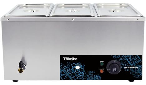 TAIMIKO Commercial Food Warmer - With Anti-Dry Burn Stainless Steel Bain Marie Buffet Warmer, 1500W, 0-85°C Temp Range, GN 1/6 Containers - 150mm×6 Pans with Lids & Drain Tap