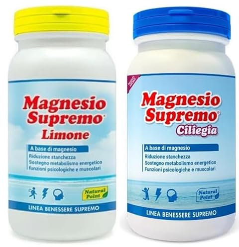 Natural Point : Magnesio Supremo Ciliegia 150 gr + Magnesio Supremo Limone 150 gr - Antistress, combatte stanchezza fisica e mentale. Senza Glutine, Senza Lattosio