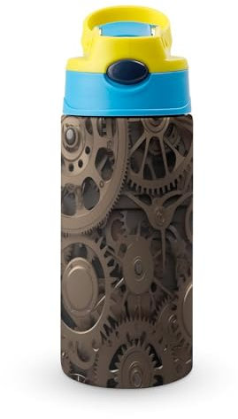 FZMVSQH Stainless Steel Travel Cup Water Bottle Steampunk Mechanical Gears Printed Vacuum Insulated Water Bottle - 12 Oz - With Straw Handle And Leak-Proof Pop-Up Spout Cover