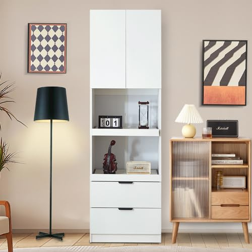 YuQozii Mobili da cucina alti 200 cm, armadi, porte, cassetti, scaffali a microonde, armadi alti con protezione antiribaltamento, credenze indipendenti per sala da pranzo, soggiorno bianco