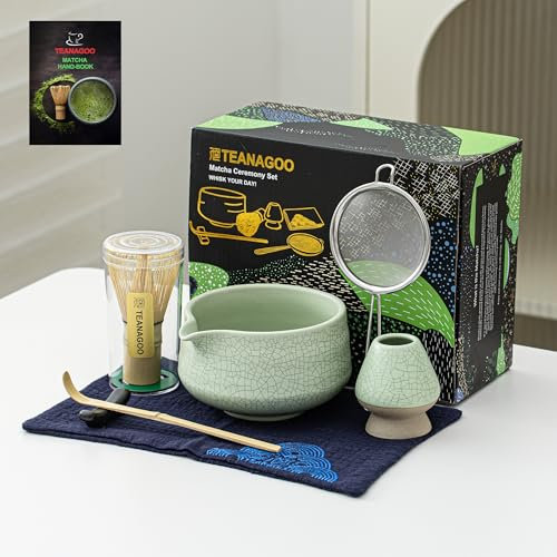 TEANAGOO Matcha Kit, juego de 7 piezas, kit de matcha para ceremonia, juego de té matcha para hacer desayuno/latte, cuenco matcha verde (chawan) con boquilla y batidor, regalo para