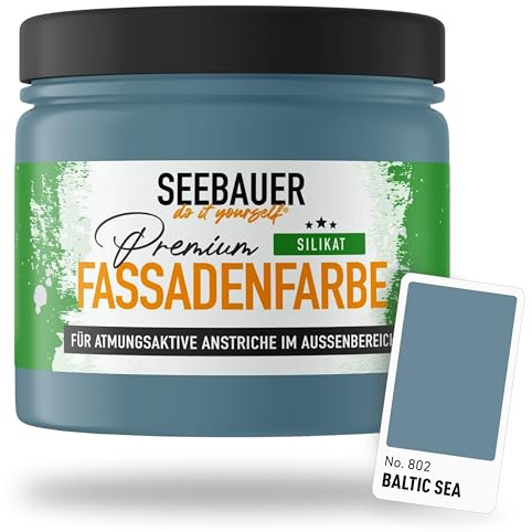 SEEBAUER diy Silikat-Fassadenfarbe Blau 300ML für Außen (No. 802 Baltic Sea) Atmungsaktive Mineralfarbe für Fassaden - Geeignet für Putz, Mauerwerk und Beton