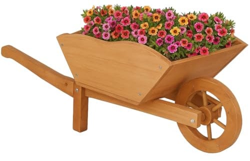 RANRHA Wooden Wheelbarrow Planter – Rustic Outdoor Flower Display Cart, Decorative Garden Planter with Functional Wheel – 73cm x 28cm x 31cm