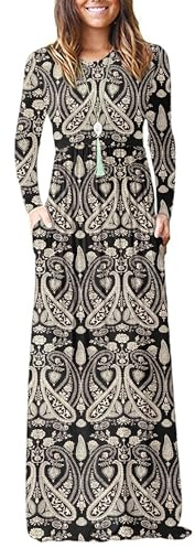 AUSELILY Women's Casual Long Sleeve Maxi Dress Loose Long Dresses with Pockets Boho Floral Black M