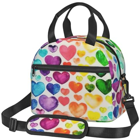 Borsa termica per il pranzo con stampa di cuori arcobaleno e cerniera posteriore tasca per pasti di grande capacità per studenti
