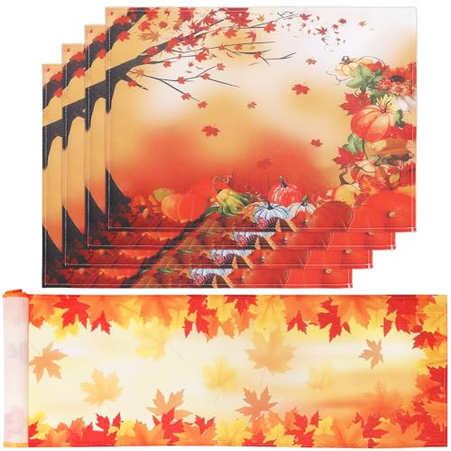 Bigqin Herbst Tischläufer mit 4 Tischsets, 183 x 33 cm abwaschbar Ahornblätter Kürbisse Tischdeko, Erntedankfest Halloween Platzset Tischband Set, Hessian-Tischdecke für Esszimmer Party Dekoration