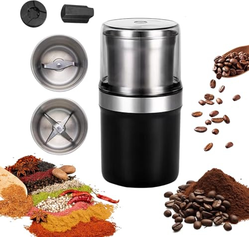 Electric Coffee Grinder, Wet Dry Spice Grinder, 2 Bowls, 2 Blades | Removable Stainless Steel Cup, 100g Large Capacity, for coffee, spices, herbs, nuts, overheat protection