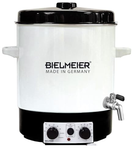 BIELMEIER Einkochautomat 29 L Emaille, Einkochtopf elektrisch 2000W | mit Thermostat und Zeitschaltuhr und 3/8 Edelstahl Auslaufhahn, Glühweinkocher, Warmhaltetopf, Made in Germany