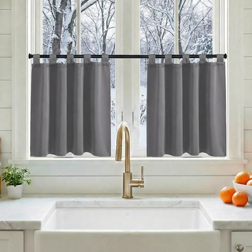 KGORGE Blickdichte Scheibengardinen Küche Modern Schlaufenvorhang Kurz | Grau, H60 x B90 cm, Schlaufenschal 2er Set, Thermovorhang Hitzeschutz, Verdunkelung, Sonnenschutz, für Schafzimmer