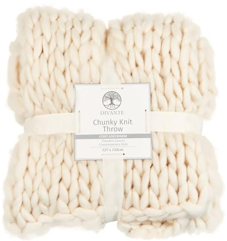 wilko Polyester Chunky Knit Throw, Ivory, 127 x 152cm, Premium Design, Super Soft Material, Large Knit Texture