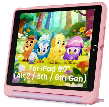 INFILAND Kinder Hülle für iPad 6./5. Generation (2018/2017),iPad Air 2 (9,7 Zoll), Robuste weiche stoßfeste Schutzhülle mit Ständer, süße Hülle mit Griff (Pink-Purple)