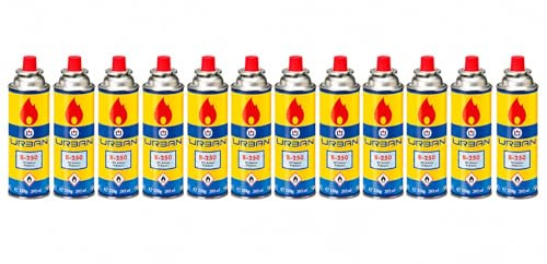 Kimbatex Textil Hogar Tienda Urban Cartucho de Gas B-250, ISO Butano/N-Butano, 227 g, 393 ml, con Válvula, para Hornillos Portátiles y Camping (12 Unidades)