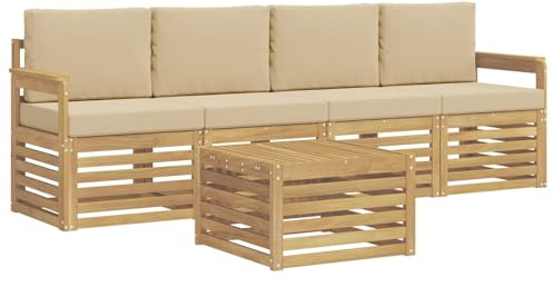 vidaXL Outdoor-Sofagarnitur mit Kissen 5 pcs Weiß und Beige Polyester, Garten Lounge-Sofa, strapazierfähige Außensitzgruppe, modernes Terrassenmöbel, bequemer Wohnbereich