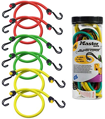 Master Lock 3040EURDAT Cuerdas elásticas con Ganchos Invertidos, óptimo para Sujetar Cargas Pequeñas, Camping, Mudanzas, Paquete de 6 Tensores, 2 x 60 cm + 2 x 80 cm + 2 x 100 cm