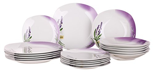Banquet Lavanda decoración vajilla de Porcelana Cuadrada Set, Blanco, Set de 18
