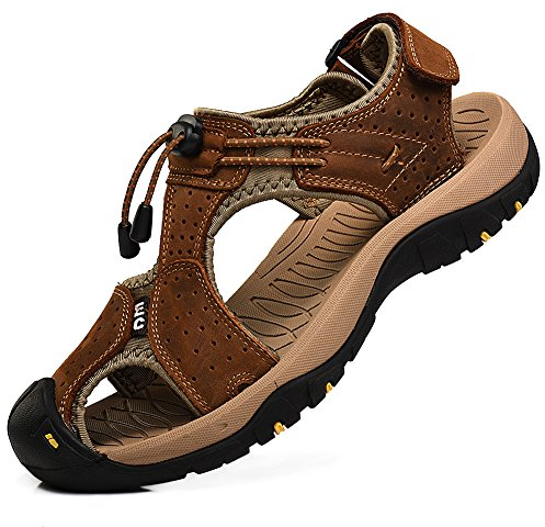 rismart Homme Bout Fermé Crochet&Boucle De plein air Randonnée Cuir Chaussures Sandales SN1505(Marron,45 EU)