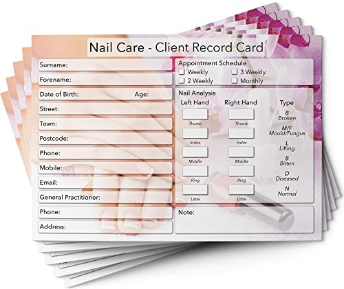 Nail Care Client Cards A6 Size - Salon and Therapist Customer Consultation Record - Treatment Services Essentials - Profile and Recording Forms - Beauty Stationery - 105x148mm - Pack of 25