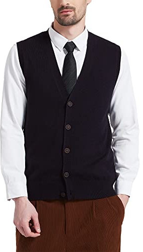 Kallspin Men's Cashmere WoolKnitted Gilets V Neck Sweater Vest Sleeveless Cardigan with Button (Black, XL)