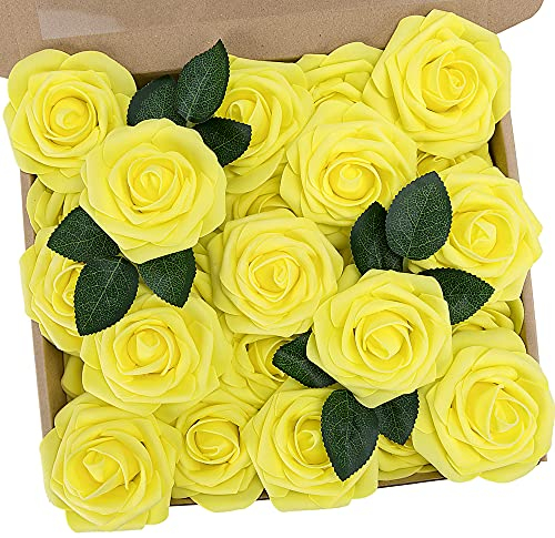 N&T NIETING Artificial Flowers Roses, 25pcs Real Touch Fake Foam Rose for Wedding Cake Bouquet Mother's Day Wedding Party Baby Shower Home Decoration, Lemon Yellow