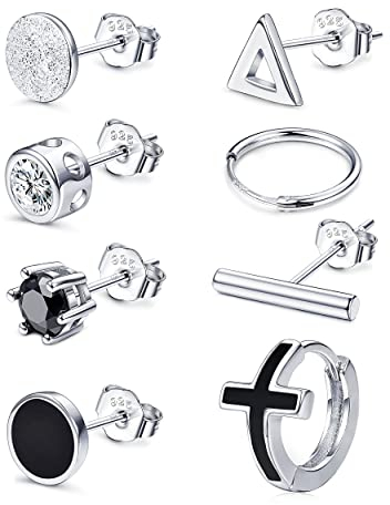 Sllaiss 8 Stück 925 Sterling Silber Ohrstecker Set Zirkonia Ohrringe Mutil Ohrstecker Gemischt Design Ohrringe für Männer Frauen