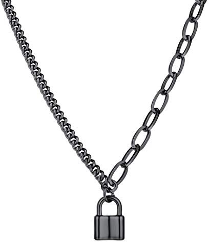 Padlock Lock Pendant Charm Black Collar Choker Necklace for Women 18 Inch Adjustable Chain
