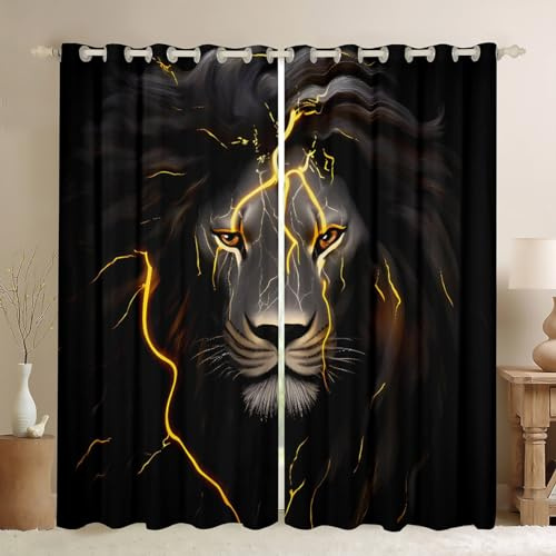 Löwen-Fenstervorhänge, goldfarben, Lightning-Löwenkopf-Vorhänge für Schlafzimmer, Wohnzimmer, afrikanische Safari-Tier-Fenstervorhänge für Jungen, Teenager, 2 Paneele, 96.5 cm breit x 137.2 cm lang.
