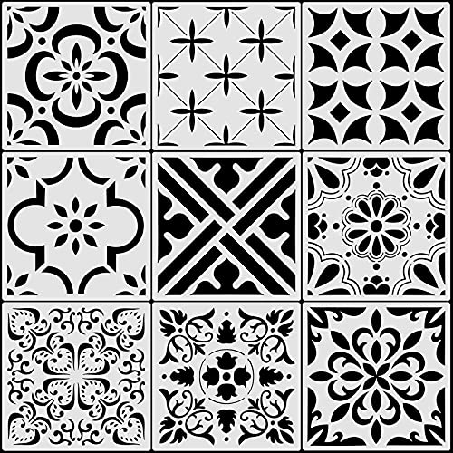 9 Stück Bodenmalerei-Schablonen, große Fliesenschablonen, Wandzeichnungsmuster, Vorlagen, Bodenschablonen, Kit in 9 Stilen zum Malen von Linoleum, Boden, Wand, Holz, Fliesen, Zement-Dekor (einfacher