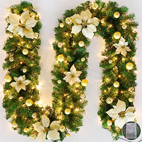 Ghirlanda Natalizia con Luci,2.7M(9ft) LED Ghirlanda Natalizia per Porta Scale Camino Esterno Decorazioni, Festone Natalizio Rami Natalizi Decorazioni Natalizie per la Casa Interno (Oro)