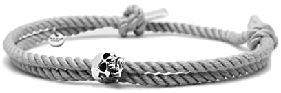 Nato Cuff - Totenkopf Skull Armband in Silber 925 - Mailänder Seidenkordel - Herren- oder Damenschmuck Handgefertigt in Frankreich (Grau)