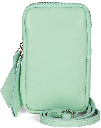 styleBREAKER Damen Leder Handy Umhängetasche mit genarbter Oberfläche, Reißverschluss, Echtleder Mini Bag 02012374, Farbe:Türkis
