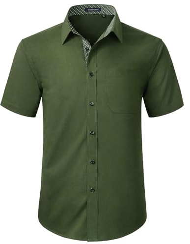 HISDERN Men's Short Sleeve Green Shirt Regular Fit Formal Casual Button Down Business Shirt with Chest Pocket,M