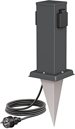 ledscom.de Garten-Steckdosen-Säule Polly mit Erdspieß und 2m Kabel für außen, IP44, 2-Fach, anthrazit, eckig, 27cm