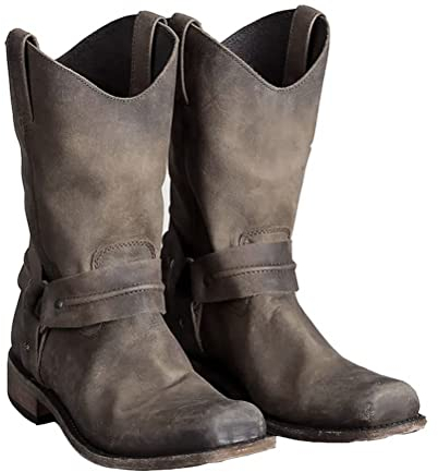ORANDESIGNE Uomo Stivali Western Stivali da Cowboy Vintage Quadrato Testa Stivali da Lavoro Stivali da Moto A Cachi 43