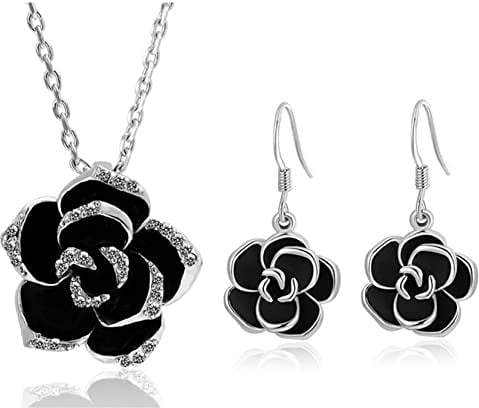 Hmooy Rose Jewellery Sets, Black Rose Camellia Flower Pendant Necklace and Dangle Hook Earrings Sets for Women Girls Fashion Flower Jewellery for Wedding Bridal (Black)