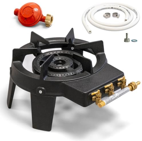 PROWELTEK - Rechaud à gaz en Fonte véritable 4 pieds 2 bruleurs + Tuyau gaz flexible 1.50m + Détendeur Propane TRIGLAV 9800
